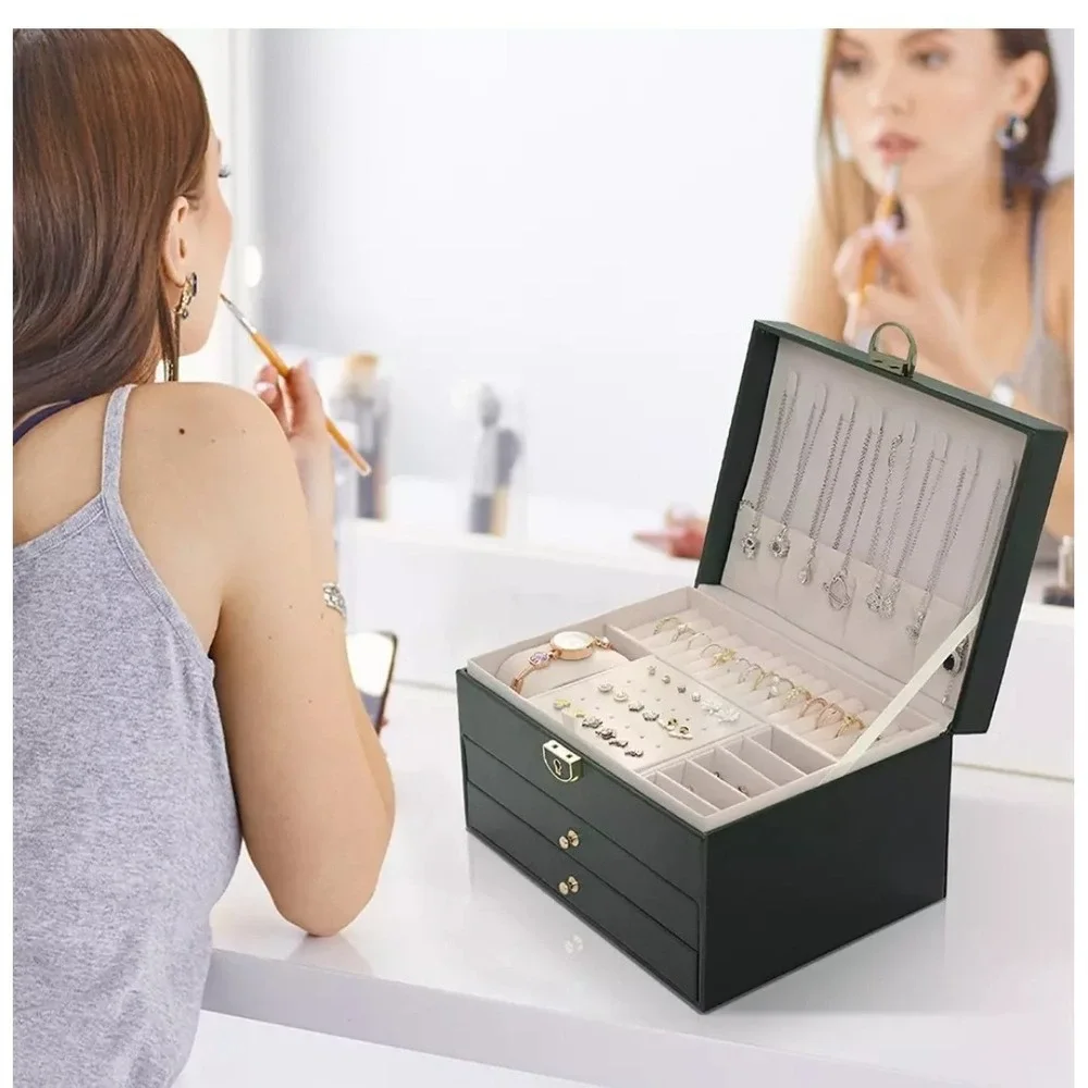 Green Jewellery Box Leather Storage‎ Case Drawer Cabinet Necklace Organizer